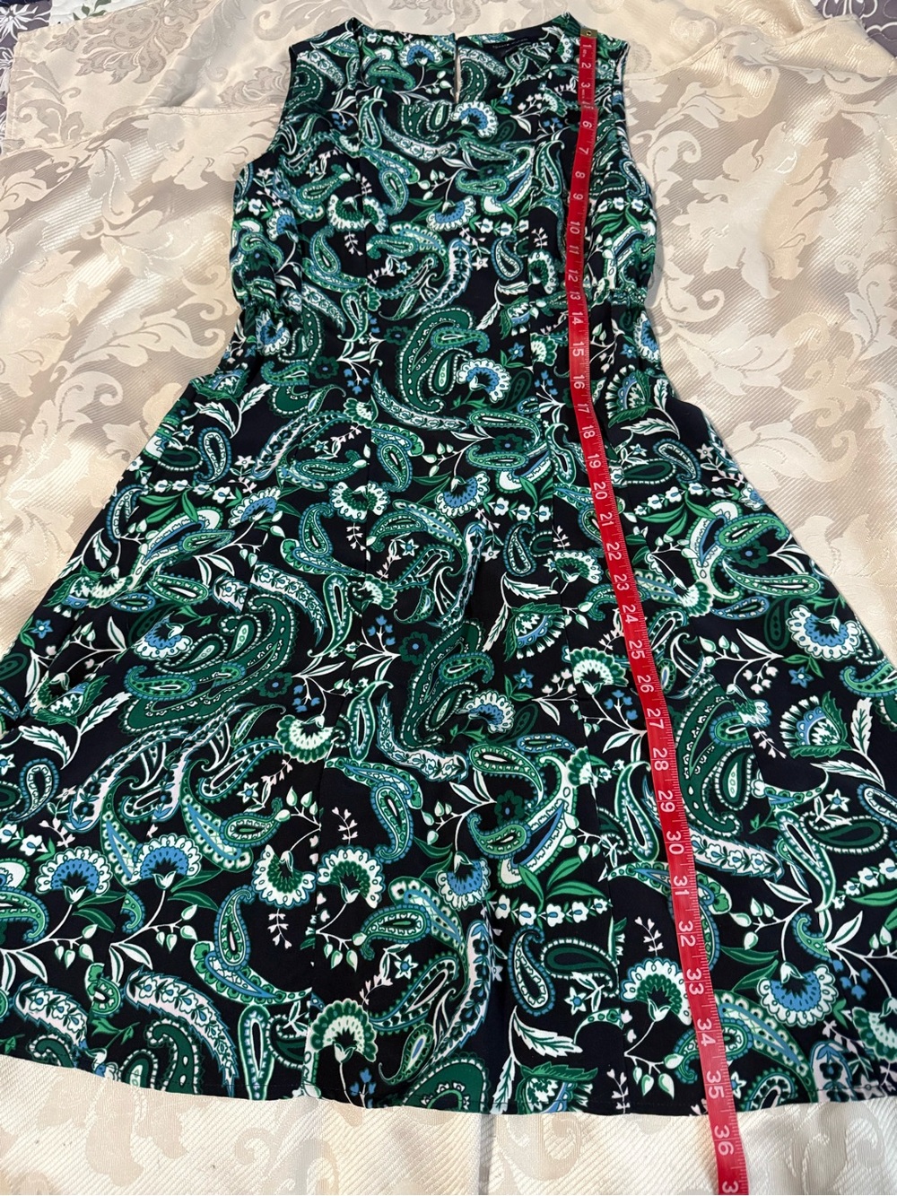 Tommy Hilfiger Paisley Fit & Flare Dress Size 0 Navy Green Sleeveless - Picture 8 of 13